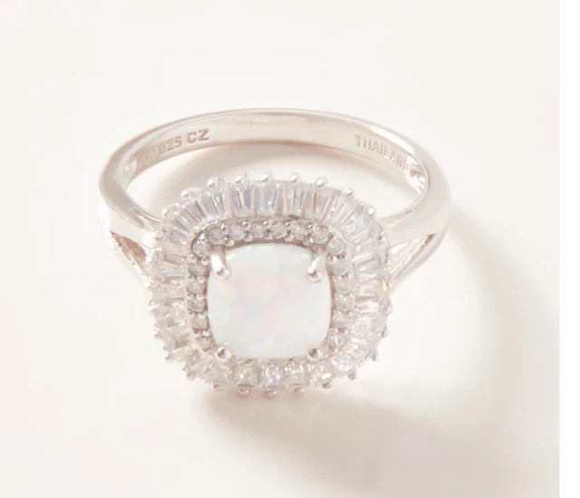 Diamonique Opal, CZ Cushion, ROund Sunburst Ring Size 7 Sterling Silver Diamonique Opal, CZ Cushion, ROund Sunburst Ring Size 7 Sterling Silver