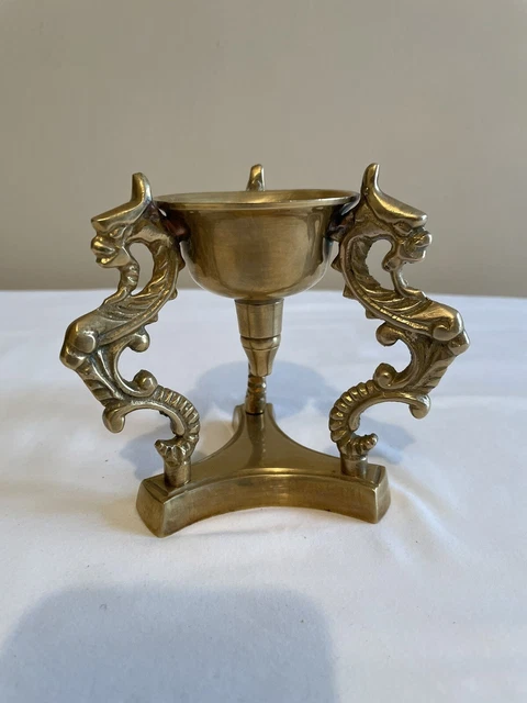 Vintage Brass Oriental Dragon Sea Horse Candle Holder Handcrafted Silverstri