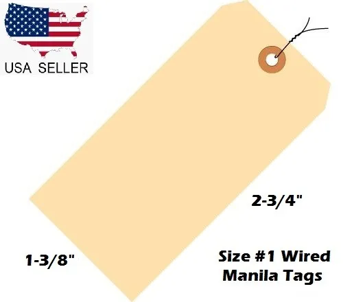 Pack of 100 Size 1 Manila Inventory Shipping Hang Tags with Wire 2 3/4" x 1 3/8"