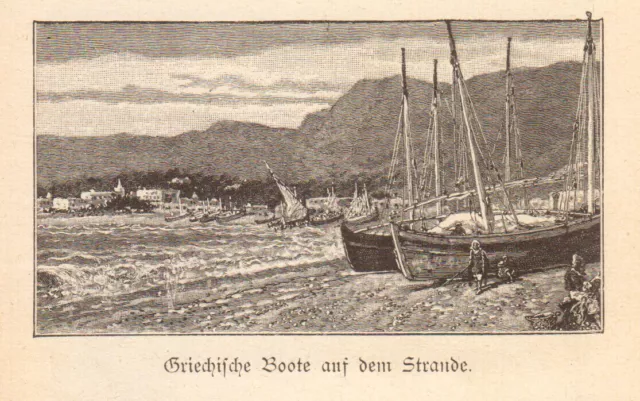 Ionische Insel Kefalonia anno 1898 Boote auf dem Strand - Grafik von 1898