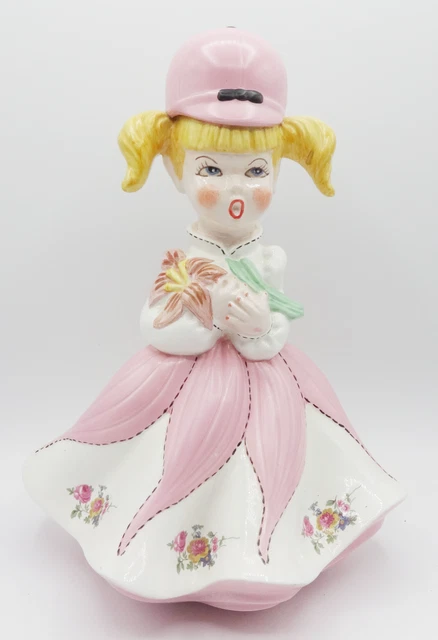 Vintage Bisque Pottery Hand Painted Girl in Dress Floral Flower Figurine Statue