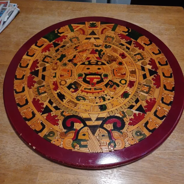 Vtg 26"  Aztec Mayan Calendar Hand Carved  Wooden Wood Art Mexican Cuauhxicalli