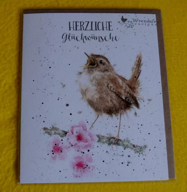 1x Herzliche Glückwünsche Zaunkönig VOGEL Grußkarten Wrendale Designs Klappkarte