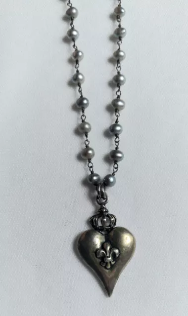 Moonglow 925 Silver Fleur De Lis Sacred Heart Fresh Water Pearls Necklace 20"