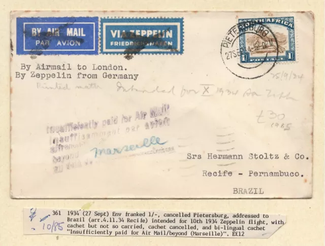 SOUTH AFRICA 1934 Cover-BRAZIL Intended 10th ZEPPELIN FLIGHT: INSUFFICIENT PAID