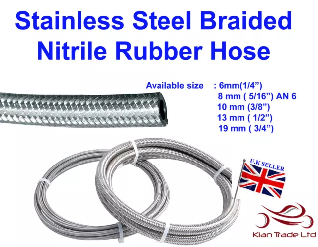 Stainless Steel Braided Hose Rubber Fuel Line Hose Petrol Fluid Pipe Oil Coolant