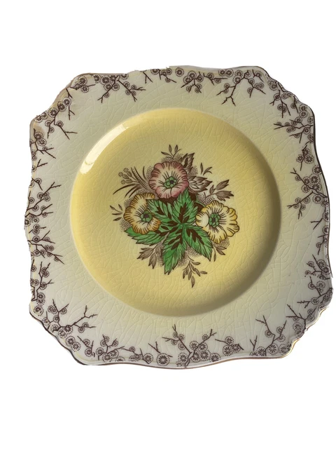 Royal Winton Grimwades, Yellow Background, Brown Floral Trim Square Plate c 1930