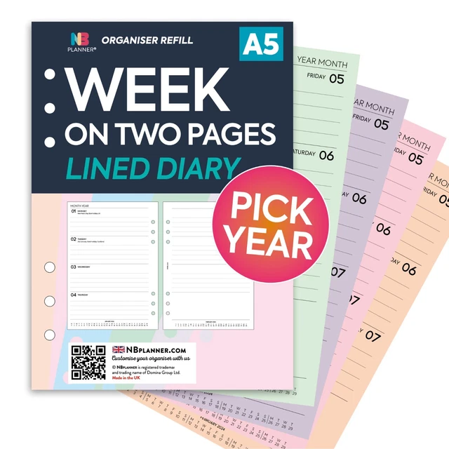 2026 | 2027 Filofax A5 COMPATIBLE Week on two pages lined diary refill ...
