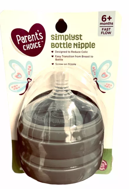 2 Pack Parents Choice Simplyst Bottle Nipple Fast Flow 6+ Months Screw On Nipple