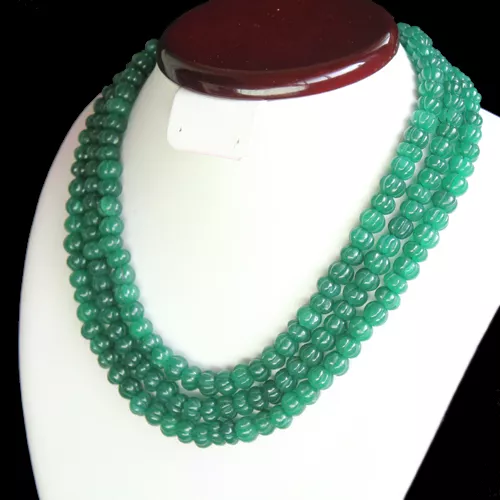 Attractive Rare 3 Strand 825.00 Cts Natural Carved Green Emerald Beads Necklace