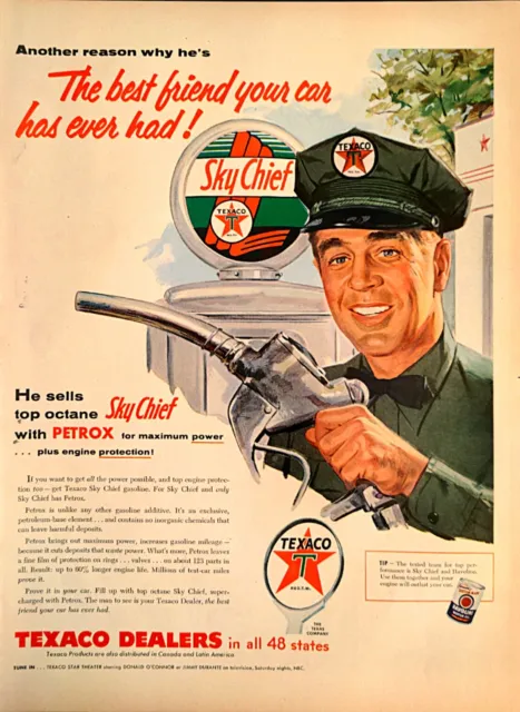 1955 TEXACO Sky Chief Dealers Man Green Uniform Nozzle Sign Vintage Print Ad 122 2