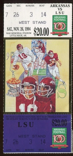 College Football Ticket Arkansas 1994 11/26 LSU Full