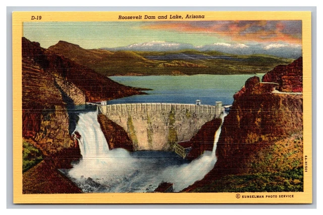 Roosevelt Dam and Lake AZ Arizona Aerial View Linen Postcard