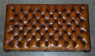 Huge Fully Restored Chesterfield Hand Dyed Brown Leather Hearth Footstool 7