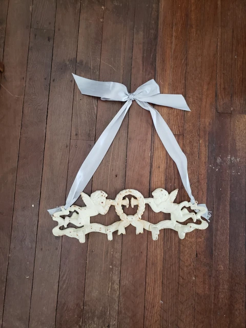 Vintage Cast Iron Chippy Cherubs Ornate Wall Hanging Hooks Shabby Chic Angels