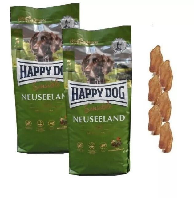 2 x Happy Dog Supreme Sensible Nouvelle-Zélande 12,5 kg + 6 x oreilles de...