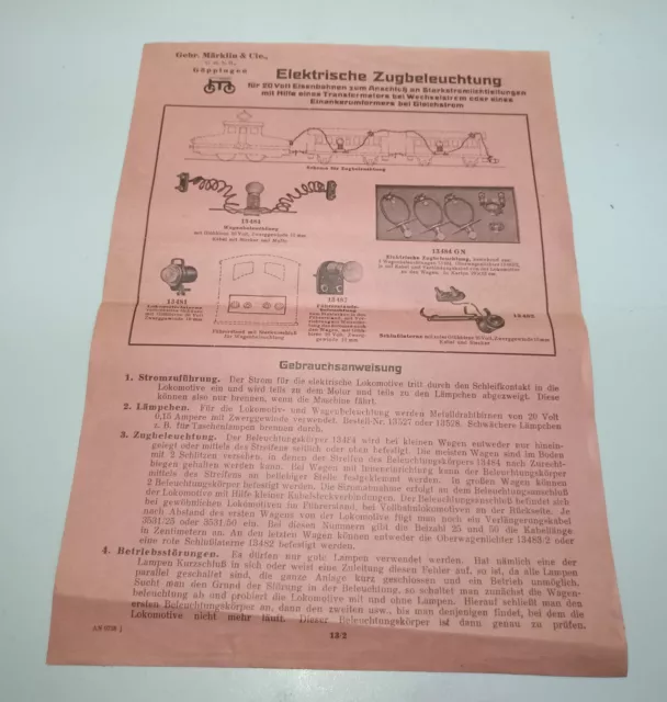 Märklin Anweisung / Anleitung el. Zugbeleuchtung v. 1938