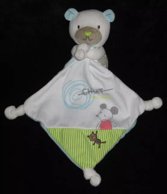 Doudou Ours vert gris à pois avec mouchoir blanc et bleu Souris CHUT Pommette