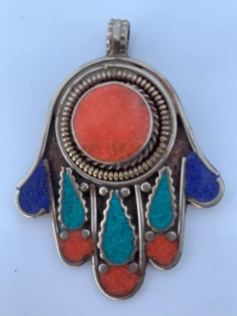 Tibetan Nepalese Vintage Handmade Amulet With Turquoise And Coral Stone