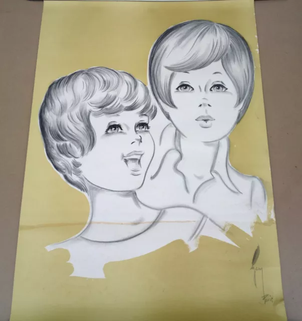 Ancienne AFFICHE de coiffeur vintage années 60 coiffure FEMME signée GAM PARIS