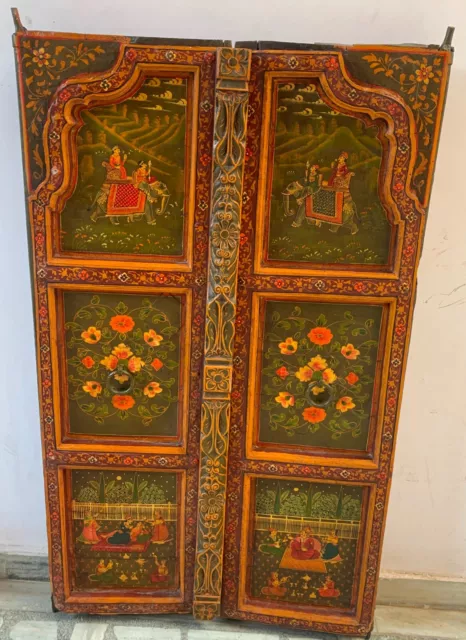 Antique wooden door hand painted Indian royals distressed old India furniture