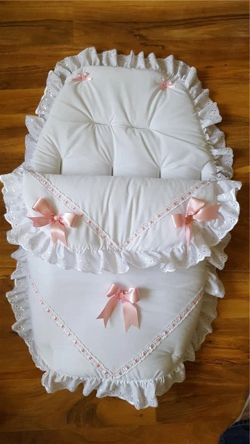 Baby's Cosy Toes / Footmuff 3-in-1 in WHITE with PINK   AND LARGE PINK  BOWS