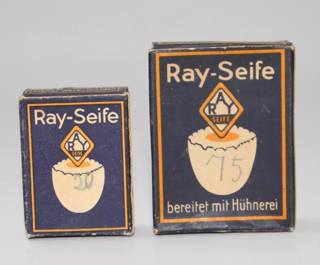 2x alte Pappschachtel Ray-Seife mit Hühnerei für Kaufladen   #J687
