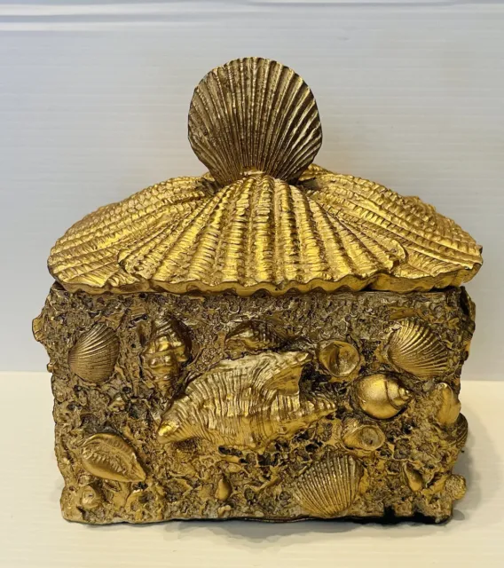 Vintage Gold Faux Sea Shell Trinket Box Rectangle Marine Ocean Beach Lake Decor