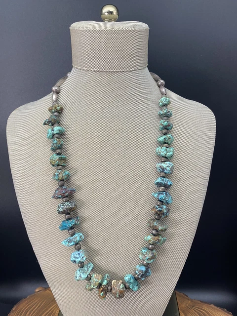 Vintage Native American Sterling Silver Bench Bead & Turquoise Stone Necklace Vintage Native American Sterling Silver Bench Bead & Turquoise Stone Necklace