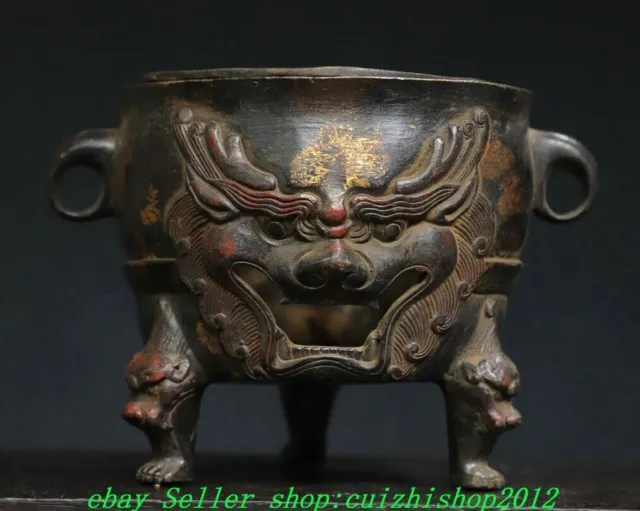 Old Chinese Dynasty Bronze Gilt 3 Leg Dragon Lion Beast Incense Burner Censer