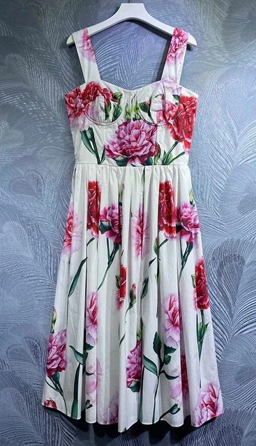 100% Cotton Italian DG Pink & Red Carnation on White Bustier Midi Dress S M L XL 100% Cotton Italian DG Pink & Red Carnation on White Bustier Midi Dress S M L XL