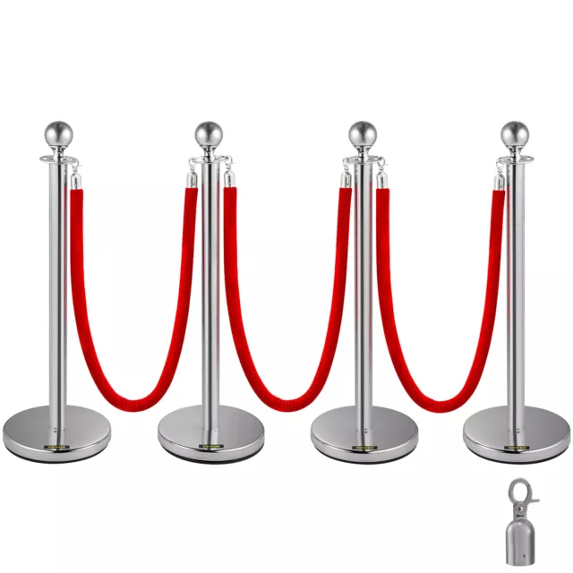 4PCS Stanchion Posts Silver Queue Pole with 3 Velvet Ropes Crowd Control Barrier