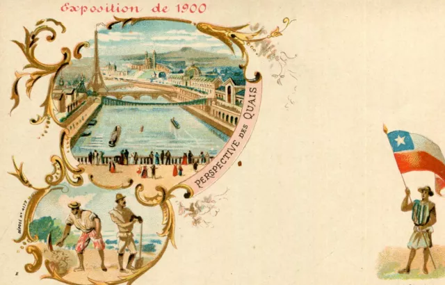 1900 PARIS Exhibition Map Illustrated Perspective of the Quays Flag of CHILI