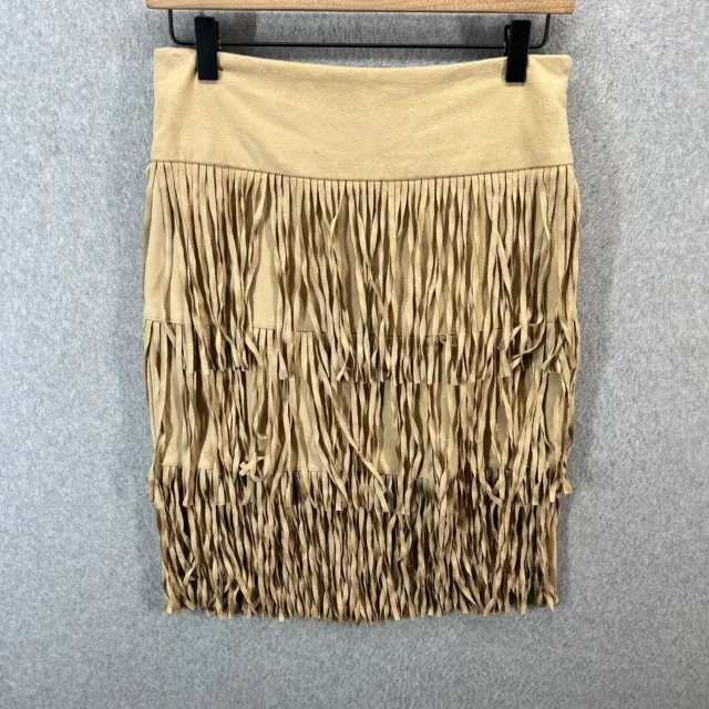 Romeo + Juliet Couture Elie Womens Skirt Sz S Faux Leather Beige Fringe Layered