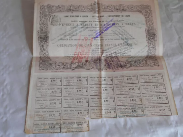 Vintage share certificate Stock Bonds railway chemin de Fer D'orleans a Rouen