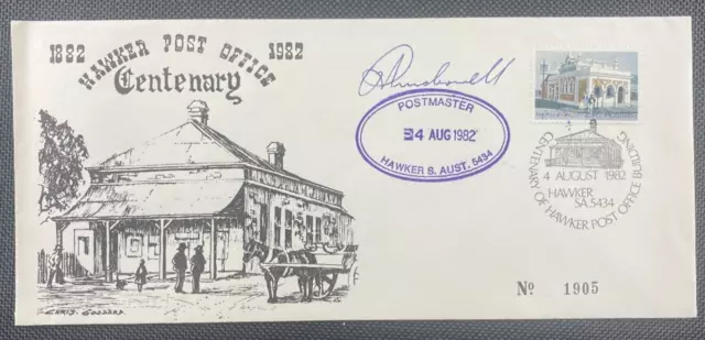 1982 Hawker (SA) Post Office Centenary Cover Numbered & Signed By Postmaster