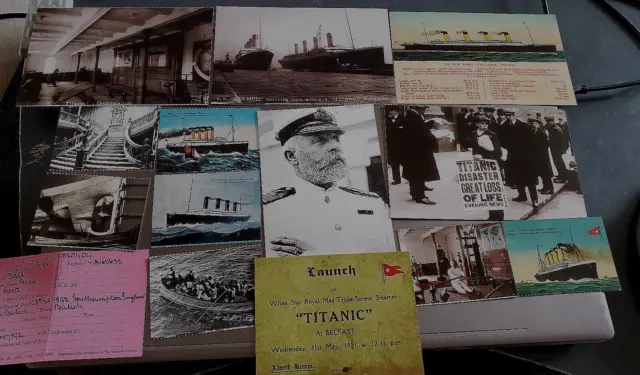 14 TITANIC Post Card Collection Launch Ticket Photos Old Ship Captain Antique UK