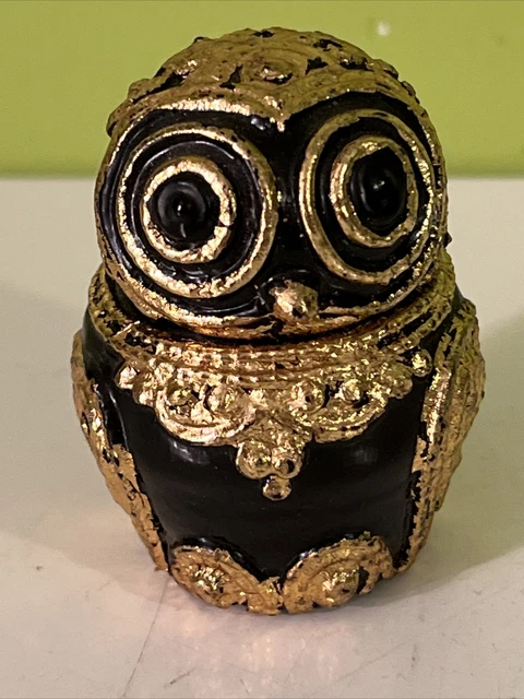 Owl Trinket Box Black and Gold Burmese Lacquerware, Miniature 2 1/4", Vintage