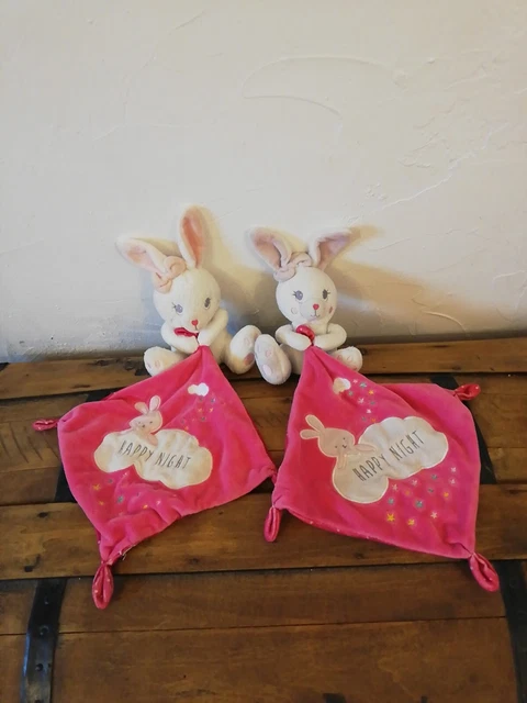 Lot 2 Doudou Peluche Nicotoy Simba Toys Lapin Blanc Rose Mouchoir Happy Night