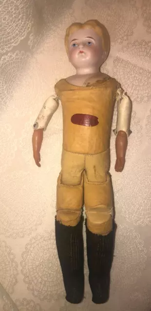 German Bisque Shoulder Head Leather Body Doll 13'