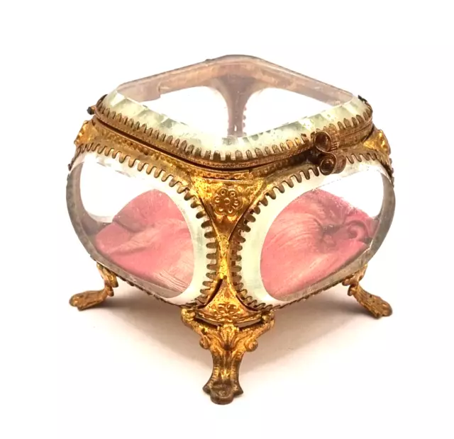 Antike Französ. Jugendstil Schatulle Schmuck Dose vergoldet Facettiertes Glas