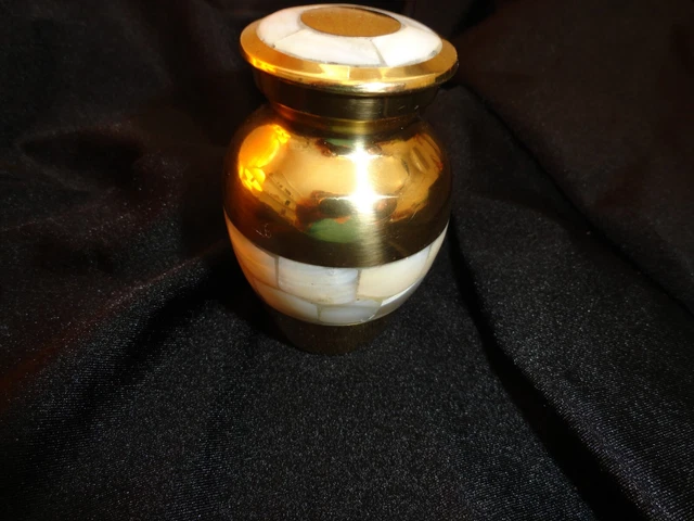 Small Keepsake Urn for Human or Pet Ashes India Brass? White Stone Stands 2 ½”
