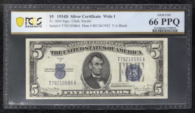 Fr. 1654 1934-D $5 Wide I Silver Certificate Pcgs Banknote Gem Unc-66Ppq