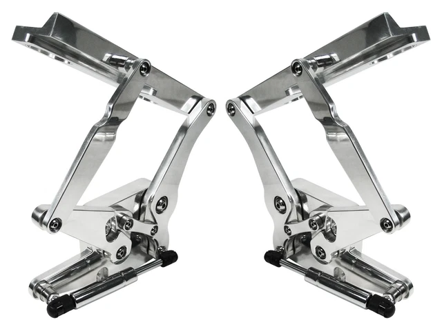 New 67-68 Mustang Polished Solid Frame Hood Hinges & Gas Springs For Steel Hoods