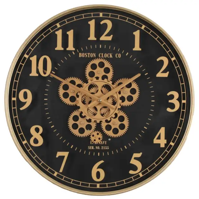 NEW Boston US Navy Gold & Black Metal Moving Gears Wall Clock, 50cm