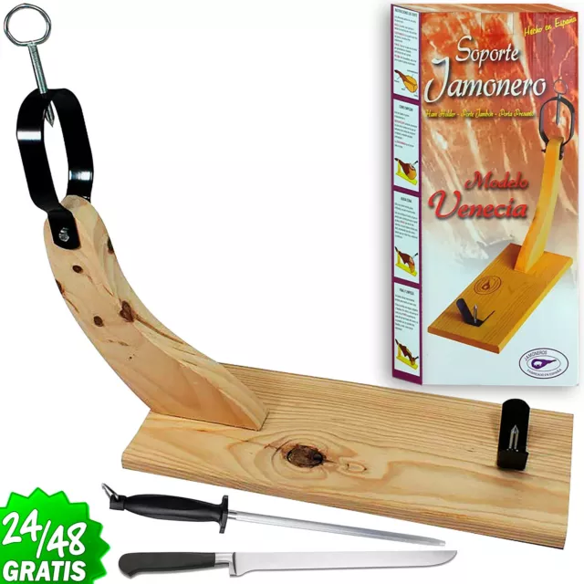 Soporte Jamonero Madera Venecia + Cuchillo Afilador Tabla Cortar Jamon Banqueta