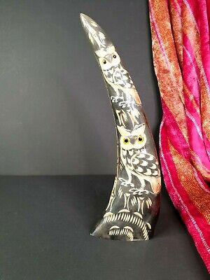 Old Chinese Carved Owls in Black Buffalo Horn  …beautiful collection & display