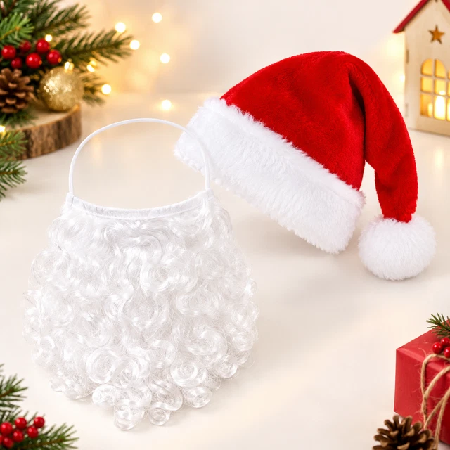 Santa Ress SANTA CLAUS HAT and White Curly Beard Set Christmas Fancy Dress Costume ...