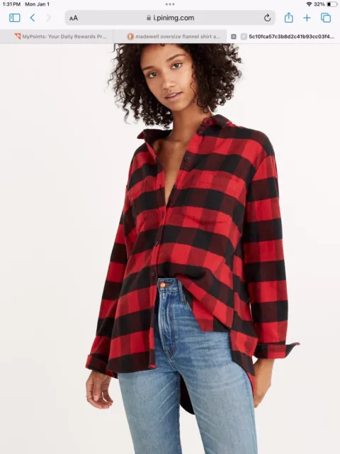 Madewell Flannel Shirt Womens Size M Oversized Red Black Plaid Long Sleeve