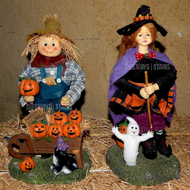 WITCH & SCARECROW HALLOWEEN FIGURE SET 13" fabric mache ghosts vintage rare cute